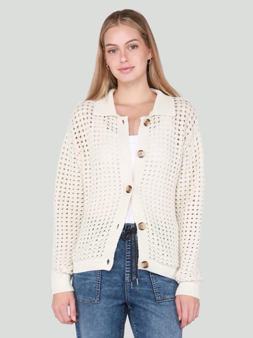 Dex Cream Open-Knit Button Cardigan Sweater